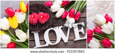 Collage from St. Valentine day photos. Decorative red little candles  hearts  in nest, bright  spring  tulips flowers,  word love  on textured background. Wedding or Valentine day site header.