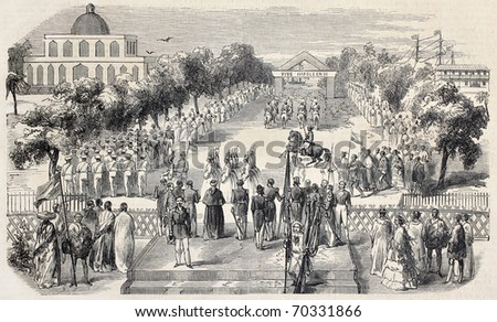 Old illustration of military ceremonies in Government court, Tahiti. From drawing of Durand, after sketch of Armand, published on L'Illustration, Journal Universel, Paris, 1860