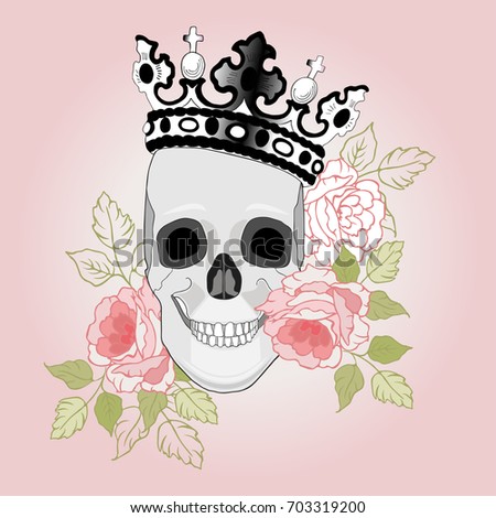 Skull with Flowers and Crown isolated on a pink gradient background. 