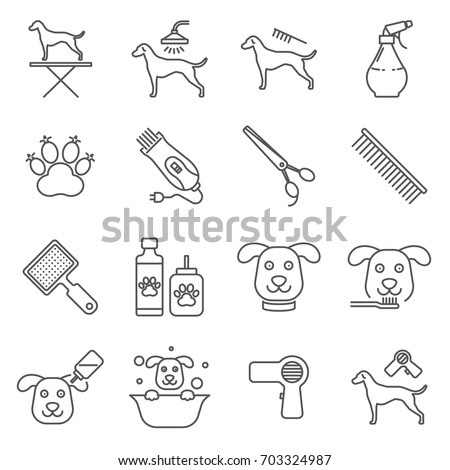 Simple Set of dog grooming Related Vector Line Icons. Contains such Icons as dog-grooming, washing, teeth brushing, nail trimming and more.     Royalty-Free Stock Photo #703324987