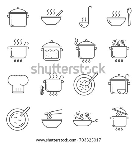 Simple Set of cooking Related Vector Line Icons. Contains such Icons as crockery, pot, dish, soup, lunch and more.  Royalty-Free Stock Photo #703325017