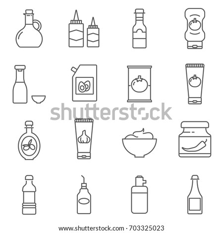 Simple Set of sauce Related Vector Line Icons. Contains such Icons as ketchup, mustard, olive oil and more.  Royalty-Free Stock Photo #703325023