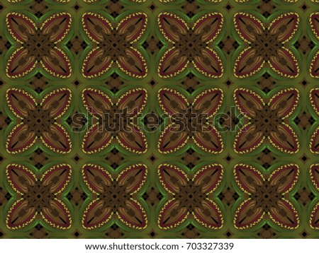 A hand drawing pattern made of red, brown and green on a black background.