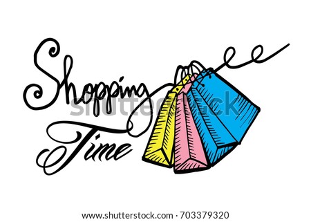 Hand drawn cartoon style shopping bags design with text shopping time
