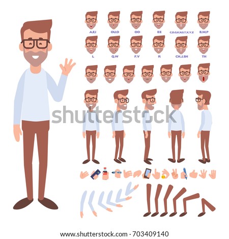 Front, side, back view animated character. Geek character creation set with various views, face emotions, poses and gestures. Cartoon style, flat vector illustration. Royalty-Free Stock Photo #703409140
