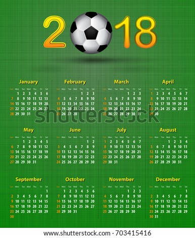 Soccer English calendar for 2018 on green linen texture. Football theme. Vector illustration