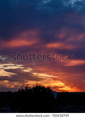 dramatic red and black clouds in sunset over city rooftops - vertical, mobile device ready image