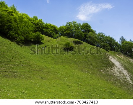 Two young men climb up the steep slope of a mountain covered with green grass
