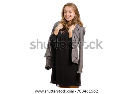 Girl in black dress with jacket on white background isolation