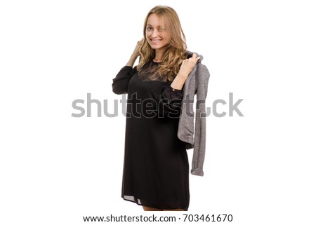 Girl in black dress with jacket on white background isolation