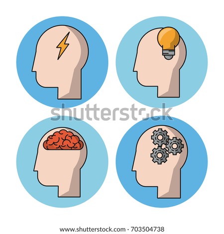 white background with colorful circles with silhouettes of faces with icons inside of ray and light bulb and brain and pinions