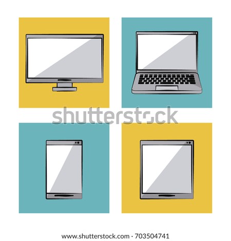 white background with color frames with icons in top view of tech devices