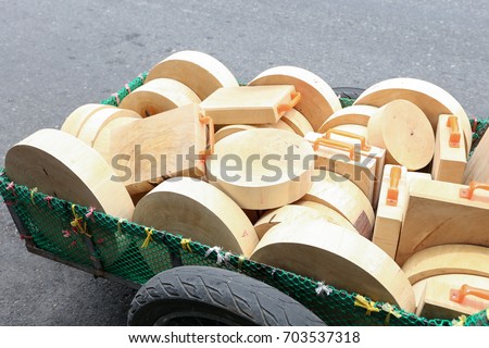Wooden chopping board on the trolley for sell  at Sriyan market, Bangkok,Thailand