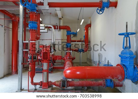 Industrial fire pump system of water sprinkler piping and fire alarm for water tank station in the factory