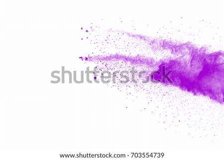 Stop the movement of purple powder on a white background. Purple powder explosion on white background.