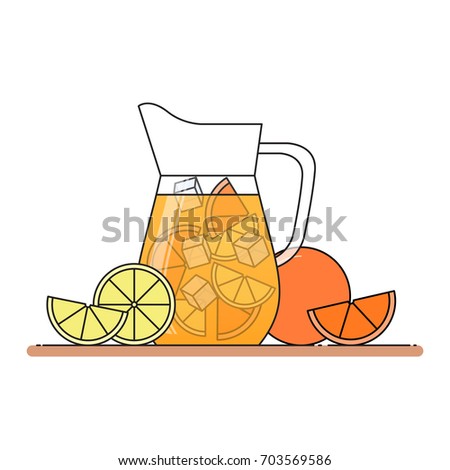 Orange lemonade with citrus slices and ice in jug and cut lemon and orange isolated on white background. Vector illustration in flat style.
