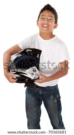 Cute Hispanic youth racer smiling with helmet in hand on white background