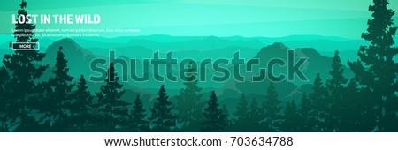 Mountains and forest header. Wild nature landscape. Travel and adventure.Panorama. Into the woods. Horizon line.Trees,fogfog.