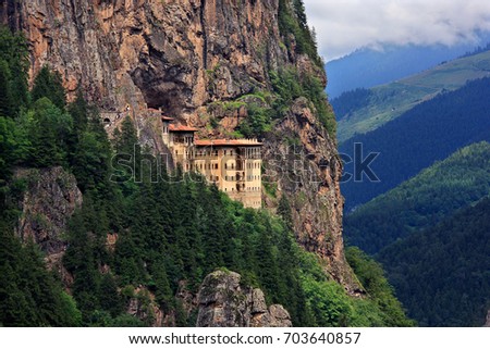 Sumela monastery one of the most impressive sights in the whole Black Sea region, in Altindere Valley, Trabzon province, Turkey. Date taken: 25.7.2010.  Royalty-Free Stock Photo #703640857