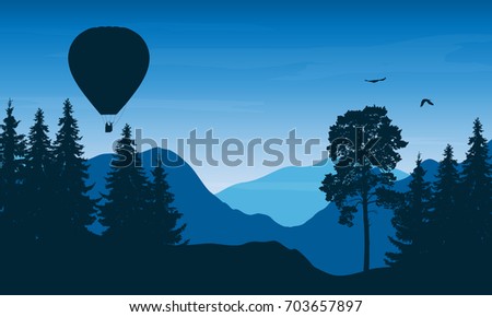 Vector illustration of a mountain landscape with a flying hot air balloon with people in a basket and birds under a blue sky with clouds
