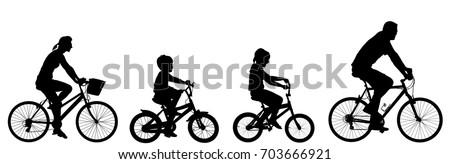 Happy family riding bicycle together, vector silhouette. Little boy and girl riding bicycle with parents. Mother and father with kids outdoor enjoying in bike driving. Biker family. Electric bike.