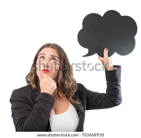 Young businesswoman thinking with speech bubble isolated on white background