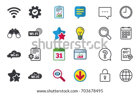Free Wifi Wireless Network cloud speech bubble icons. Wi-fi zone sign symbols. Chat, Report and Calendar signs. Stars, Statistics and Download icons. Question, Clock and Globe. Vector