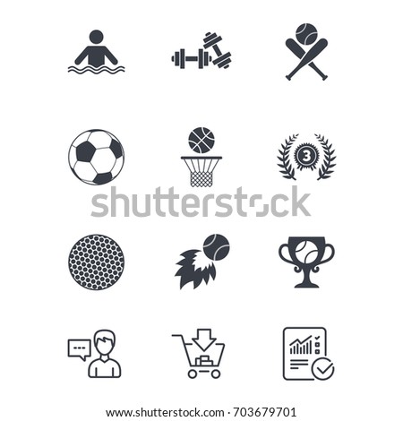 Sport games, fitness icons. Football, basketball and baseball signs. Swimming, fireball and winner cup symbols. Customer service, Shopping cart and Report line signs. Online shopping and Statistics