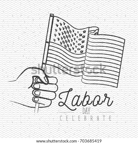white background with zigzag lines of labor day celebrate with blurred silhouette hand holding american flag waving vector illustration