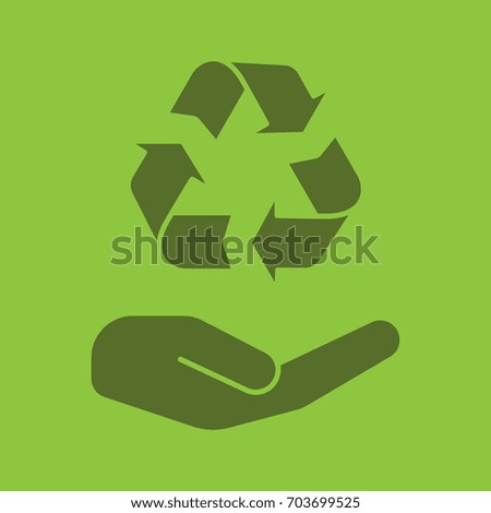 Open hand with recycling sign glyph color icon. Silhouette symbol. Pollution prevention. Negative space. Vector isolated illustration