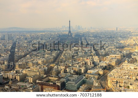 Magestic wide panorama of Paris with Eiffel tower at background