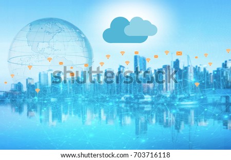 cloud computing icon with blurry city scape connection concept 