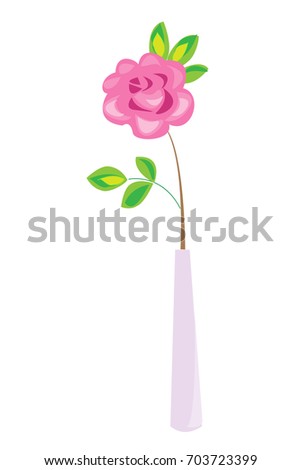 Romantic vase with a beautiful rose. Delicate pink petals and delicate floral fragrance. Decoration of a festive table and an excellent gift for a loved one. Vector illustration.