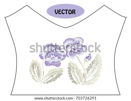 Decorative pansy flowers in embroidery style on t-shirt or dress neck line. Editable colors.Can be used for fashion decorations, fabrics, manufacturing. Embroidery decorative flowers