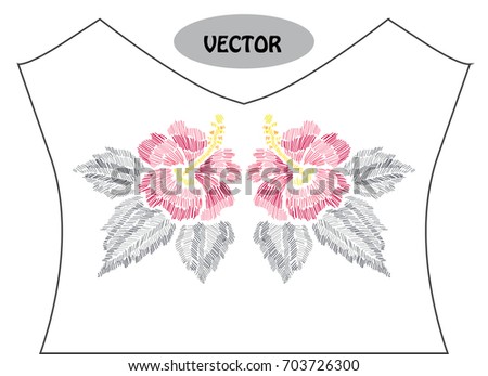 Decorative hibiscus flowers in embroidery style on t-shirt or dress neck line. Editable colors.Can be used for fashion decorations, fabrics, manufacturing. Embroidery decorative flowers