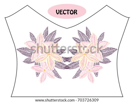 Decorative plumeria flowers in embroidery style on t-shirt or dress neck line. Editable colors.Can be used for fashion decorations, fabrics, manufacturing. Embroidery decorative flowers