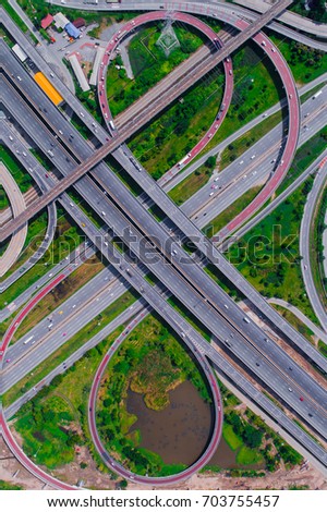 Elevated expressway. The curve of suspension bridge, Thailand. Aerial view. Top view. Background scenic road.