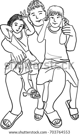 Vector art drawing of Happy family. Dad holding his son and daughter hand drawn. The concept of father's day.