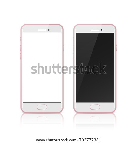 Pink rose color mobile smart phone with blank and dark screen, realistic vector design in high quality.