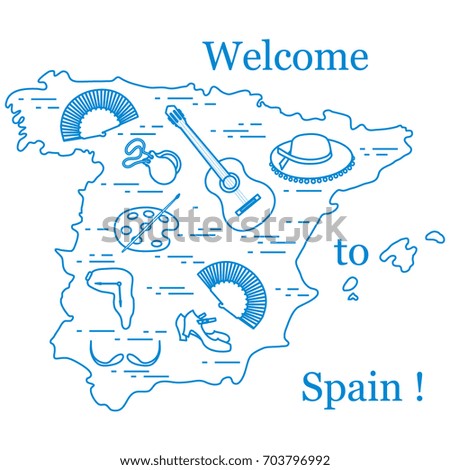 Vector illustration with various symbols of Spain arranged in a circle. Travel and leisure. Design for banner, poster or print.