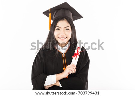 Asian Graduated woman in cap and gown smile and holding certificated in hand feeling so proud and happiness,Isolated on white background