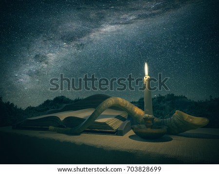 jewish holiday background with old book and landscape concept photo