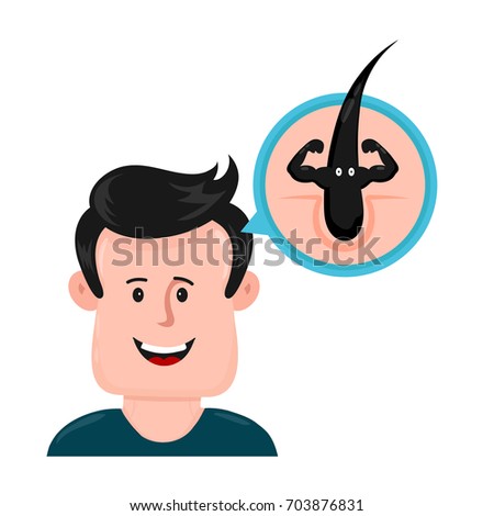 Young man with strong beauty healthy hair. Strong healthy hair character concept infographic. Vector flat cartoon illustration icon. Isolated on white background