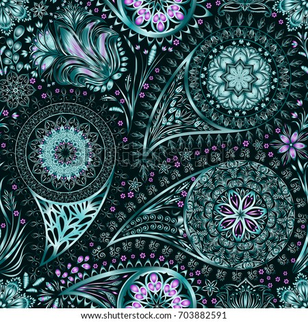 Paisley vintage floral motif ethnic seamless background. Abstract lace pattern. Ability to edit the colors, without losing seamlessly. Hand drawing colorful wallpaper. EPS-8 vector texture.