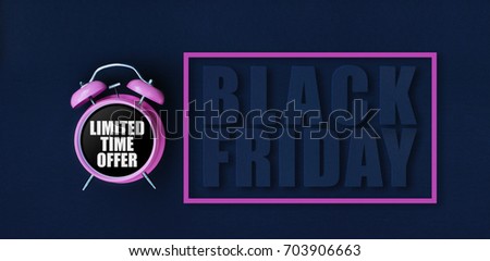 Limited time offer. Pink alarm clock on black background with Black Friday paper cut text and bright frame. Dark blue web banner for sale, discount poster, store promotion.