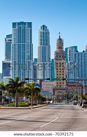 View of Miami, Biscayne Avenue and Downtown Skyscrapers.