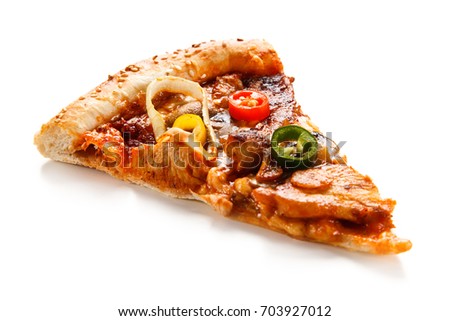 Pizza pepperoni with chicken and vegetables  Royalty-Free Stock Photo #703927012