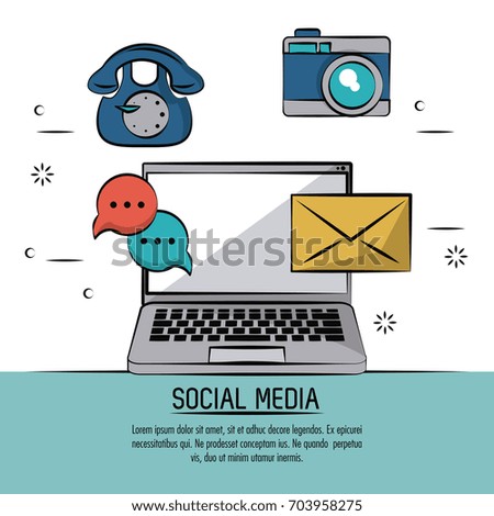 colorful poster of social media with icons mail and old phone and bubble speech and mail with laptop computer in back