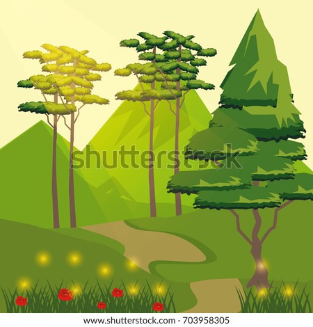 colorful background of road and mountain with trees and sunlight