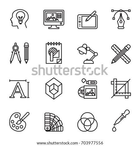 Art, drawing and web and graphic design icons set. Line Style stock vector. Royalty-Free Stock Photo #703977556